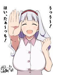 Rule 34 | 1girl, artist name, blush, breasts, cleavage, closed eyes, hairband, headband, idolmaster, idolmaster (classic), jabara tornado, large breasts, long hair, looking at viewer, open mouth, shijou takane, shirt, silver hair, simple background, smile, solo, text focus, translated, upper body, white background