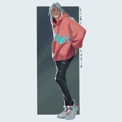 Rule 34 | 1girl, artist name, baggy clothes, casual, commentary, denim, english commentary, full body, hood, hood down, hoodie, long hair, long sleeves, lucia hsiang, original, parted lips, pink hoodie, sideways glance, simple background, solo, white hair, yellow eyes