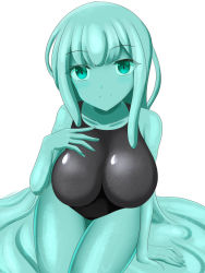 Rule 34 | 1girl, blue eyes, blue hair, blue skin, breasts, colored skin, large breasts, looking at viewer, monster girl, one-piece swimsuit, rethnick, slime girl, solo, swimsuit