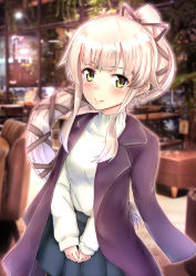 Rule 34 | 1girl, absurdres, alternate costume, black ribbon, blue skirt, blurry, blurry background, blush, casual, closed mouth, coat, cowboy shot, green eyes, hair flaps, hair ribbon, highres, himura moritaka, indoors, jacket, jacket on shoulders, kantai collection, long hair, looking at viewer, own hands together, pink hair, pleated skirt, ponytail, purple coat, ribbon, skirt, smile, solo, sweater, turtleneck, turtleneck sweater, very long hair, white sweater, yura (kancolle)