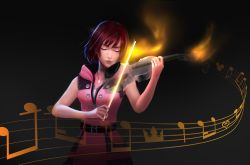 Rule 34 | 1girl, absurdres, belt, dark background, closed eyes, glowing, highres, hood, instrument, jewelry, kairi (kingdom hearts), kingdom hearts, kingdom hearts melody of memory, mattikarp, music, musical note, necklace, playing instrument, red hair, short hair, sleeveless, solo, upper body, violin, bow (music), zipper