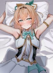 Rule 34 | 1girl, absurdres, aqua eyes, armpits, arms up, bare shoulders, blonde hair, futoshi tanaka, highres, hololive, holox, idol, kazama iroha, looking at viewer, lying, on back, on bed, ponytail, smile, solo, virtual youtuber