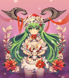 Rule 34 | b-anma, bell, breasts, cleavage, destiny child, flower, frej (destiny child), frills, green eyes, green hair, hair ornament, highres, horns, krampus (destiny child), long hair, medium breasts, mistletoe, ribbon, tagme, thighhighs