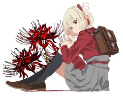 Rule 34 | 1girl, absurdres, backpack, bag, black socks, blonde hair, bob cut, brown footwear, closed mouth, commentary request, dress, edoya inuhachi, flower, grey dress, hair ribbon, highres, kneehighs, lycoris recoil, lycoris uniform, multicolored hair, nishikigi chisato, pleated dress, red dress, red eyes, red ribbon, ribbon, short hair, simple background, socks, solo, spider lily, two-tone hair, v, white background