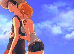 Rule 34 | 1boy, 1girl, blue sky, bracelet, cloud, couple, halterneck, hat, jewelry, kiss, kissing neck, monkey d. luffy, nami (one piece), one piece, orange hair, outdoors, over shoulder, pants, red pants, scar, short shorts, shorts, sky, straw hat, tank top, tattoo