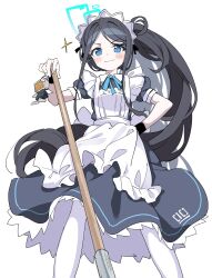 Rule 34 | 1girl, absurdres, apron, aqua halo, aris (blue archive), aris (maid) (blue archive), black dress, black hair, blue archive, blue eyes, blue halo, blush, closed mouth, dress, feet out of frame, from below, halo, hand on own hip, highres, maid, maid apron, maid headdress, manarou, mop, official alternate costume, puffy short sleeves, puffy sleeves, short sleeves, side ponytail, sidelocks, simple background, smile, solo, swept bangs, thighhighs, white apron, white background, white thighhighs