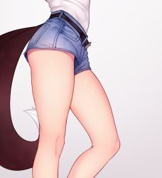 Rule 34 | 1girl, bare legs, belt, belt buckle, blue shorts, bluefield, buckle, denim, denim shorts, gradient background, highres, lower body, original, shirt, shirt tucked in, shorts, simple background, solo, tail, thighs, white shirt