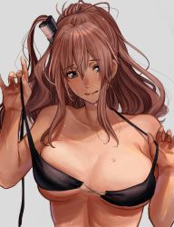 Rule 34 | 1girl, bare shoulders, bikini, bikini top only, black bikini, blue eyes, blush, breasts, brown hair, collarbone, grey background, hair between eyes, highres, holding, holding bikini, holding bikini top, holding clothes, holding swimsuit, inusaka, kantai collection, large breasts, long hair, looking at viewer, ponytail, saratoga (kancolle), side ponytail, sidelocks, simple background, smile, solo, swimsuit, tan, untied bikini, upper body