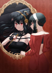Rule 34 | 1girl, back cutout, black dress, black hair, blush, clothing cutout, dagger, different reflection, dong ja9502, dress, earrings, from behind, hairband, highres, holding, holding dagger, holding knife, holding weapon, jewelry, knife, looking at viewer, mirror, red eyes, red sweater, reflection, short hair, short hair with long locks, smile, solo, spy x family, sweater, weapon, white hairband, yellow hairband, yor briar