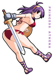Rule 34 | 1girl, ass, athena (series), bikini, boots, breasts, character name, cross-laced footwear, full body, gauntlets, gladiator sandals, hairband, holding, holding sword, holding weapon, lace-up boots, long hair, outline, princess athena, purple hair, red bikini, sandals, shield, simple background, snk, solo, swimsuit, sword, tonpuu, weapon, white background