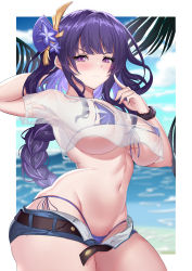 Rule 34 | 1girl, absurdres, armpits, belt, bikini, blue sky, blunt bangs, blush, border, braid, breasts, chinese commentary, cleavage, cloud, covered erect nipples, crop top, denim, denim shorts, genshin impact, hair ornament, highres, large breasts, long hair, looking at viewer, micro bikini, mz (yeye ai chipao mian), navel, ocean, open fly, palm tree, parted lips, purple bikini, purple eyes, purple hair, raiden shogun, revision, scrunchie, see-through, shirt, short shorts, shorts, side-tie bikini bottom, sideboob, sidelocks, skindentation, sky, solo, standing, swimsuit, thick thighs, thighs, tree, underboob, v-shaped eyebrows, wet, wet clothes, white shirt, wrist scrunchie