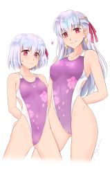 Rule 34 | 2girls, :&lt;, adapted costume, arms behind back, bad id, bad pixiv id, bare arms, bare shoulders, blush, breasts, cameltoe, character name, closed mouth, clothes writing, collarbone, competition swimsuit, covered erect nipples, cowboy shot, dual persona, earrings, fate/grand order, fate (series), floral print, gluteal fold, hair ornament, heart, height difference, highleg, highleg swimsuit, highres, jewelry, kama (fate), kama (first ascension) (fate), kama (second ascension) (fate), long hair, looking at viewer, medium breasts, multiple girls, onaya masakazu, one-piece swimsuit, pink eyes, pink ribbon, print swimsuit, purple one-piece swimsuit, ribbon, short hair, signature, silver hair, simple background, small breasts, smile, sweat, swimsuit, tareme, white background