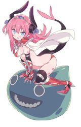 Rule 34 | 10s, armor, asymmetrical horns, black legwear, blade (galaxist), blue eyes, dragon tail, elizabeth bathory (brave) (fate), elizabeth bathory (fate), elizabeth bathory (fate/extra ccc), fate/extra, fate/extra ccc, fate/grand order, fate (series), greaves, hair between eyes, horns, long hair, loose bikini, pauldrons, pink hair, pointy ears, red armor, shoulder armor, simple background, sitting, slime (creature), tail, thighhighs, uneven horns, white background