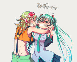 Rule 34 | &gt; &lt;, 2girls, anger vein, aqua hair, blush, breasts, clenched teeth, closed eyes, crop top, detached sleeves, flying sweatdrops, green hair, grey background, grin, gumi, gumi (v3 megpoid), hatsune miku, long hair, medium breasts, mouth pull, multiple girls, necktie, nose blush, pleated skirt, profile, shirt, short hair, sideways mouth, simple background, skirt, sleeveless, small breasts, smile, suspenders, tears, teeth, twintails, underboob, veins, very long hair, vocaloid, wokada