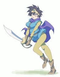 Rule 34 | 1girl, :o, absurdres, belt, black hair, blue eyes, blue gemstone, blue tunic, blush stickers, boots, breasts, brown belt, brown footwear, brown gloves, cape, circlet, dragon quest, dragon quest iii, eyelashes, gem, gloves, hair between eyes, heroine (dq3), highres, holding, holding sword, holding weapon, legs up, looking to the side, medium breasts, open mouth, pantyhose, powerhamuhamu, purple cape, roto (dq3), short hair, simple background, solo, spiked hair, sword, tunic, v arms, weapon, white background, yellow pantyhose