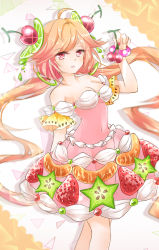 Rule 34 | 1girl, ahoge, bracelet, breasts, cherry, cleavage, cocktail (shironeko project), covered navel, dress, firuo (king fish), food, food-themed clothes, food dress, fruit, jewelry, lime (fruit), long hair, low twintails, orange hair, parted lips, red eyes, see-through, shironeko project, solo, strawberry, twintails, very long hair