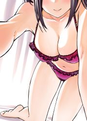 Rule 34 | 1girl, absurdres, all fours, bare legs, barefoot, black hair, blush, bra, breasts, cleavage, closed mouth, collarbone, commentary, curtains, dojirou, frilled bra, frilled panties, frills, head out of frame, highres, indoors, lips, looking at viewer, medium breasts, medium hair, midriff, navel, original, outstretched arm, panties, pink bra, pink panties, selfie, smile, solo, thighs, underwear, underwear only