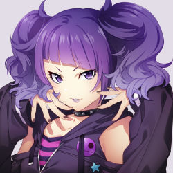 Rule 34 | 1girl, bare shoulders, black nails, breasts, choker, collarbone, commentary request, diagonal bangs, goth fashion, highres, idolmaster, idolmaster million live!, jacket, large breasts, mikapoe, nail polish, parted lips, purple eyes, purple hair, shirt, smile, solo, star (symbol), striped clothes, striped shirt, tanaka mamimi, twintails