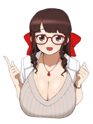 Rule 34 | 1girl, :d, breasts, brown eyes, brown hair, cleavage, collarbone, fingernails, glasses, hair ribbon, honoka kaori, huge breasts, indie virtual youtuber, jewelry, long hair, looking at viewer, mole, mole under mouth, necklace, okunin, open mouth, red-framed eyewear, red ribbon, ribbon, simple background, smile, solo, upper body, v-neck, virtual youtuber, white background