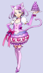 Rule 34 | 10s, 1girl, animal ears, blue background, cat ears, cat tail, choker, closed mouth, collarbone, cosplay, cure macaron, cure macaron (cosplay), cure sword, dokidoki! precure, earrings, elbow gloves, food, food-themed hair ornament, full body, gloves, hair ornament, highres, jewelry, kenzaki makoto, kirakira precure a la mode, kurose kousuke, legs together, looking at viewer, macaron, macaron hair ornament, magical girl, precure, purple choker, purple footwear, purple hair, purple skirt, purple thighhighs, short hair, simple background, skirt, smile, solo, spade (shape), spade earrings, spade hair ornament, standing, tail, thighhighs, tray
