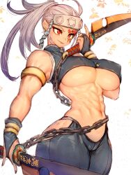 Rule 34 | 1girl, armlet, bare shoulders, belt, between fingers, bracelet, breasts, bridal gauntlets, chain, chain blades, closed mouth, demon slayer uniform, facial mark, forehead protector, fumio (rsqkr), genderswap, genderswap (mtf), green nails, hair between eyes, hand up, highres, holding, index finger raised, jewelry, kimetsu no yaiba, large breasts, light smile, long hair, looking at viewer, makeup, multicolored nails, muscular, ninja, pink gemstone, ponytail, purple eyes, red nails, sandals, sheath, shoe soles, sleeveless, smile, socks, solo, standing, sword, tabi, uzui tengen, weapon, weapon on back, white hair