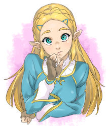Rule 34 | 1girl, aqua eyes, blonde hair, braid, brown gloves, closed mouth, crown braid, fingerless gloves, fingernails, frown, gloves, hand up, highres, long hair, long sleeves, looking at viewer, nintendo, pointy ears, pretty-purin720, princess zelda, raised eyebrows, solo, the legend of zelda, the legend of zelda: breath of the wild, thick eyebrows, upper body