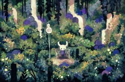 Rule 34 | 1other, bench, cloak, commentary, db43k, english commentary, flower, full body, highres, hollow knight, knight (hollow knight), leaf, nature, on bench, outdoors, park bench, purple cloak, purple flower, scenery, sitting, solid circle eyes, solo, yellow flower