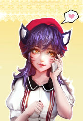 Rule 34 | 1girl, ahri (league of legends), animal ears, artist name, beret, blue hair, brown eyes, cellphone, collar, collarbone, facepaint, fox ears, hat, heart, heart-shaped pupils, highres, league of legends, light smile, lips, md5 mismatch, parted lips, phone, puffy short sleeves, puffy sleeves, resized, resolution mismatch, sangrde, shirt, short hair, short sleeves, simple background, smile, solo, source smaller, speech bubble, spoken heart, symbol-shaped pupils, upper body, upscaled, watermark, web address, white shirt, yellow background