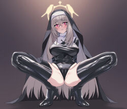 Rule 34 | 1girl, acaa, black footwear, black veil, blue archive, blush, boots, breasts, eyebrows hidden by hair, grey hair, hair between eyes, halo, high heels, highres, justina follower (blue archive), large breasts, long hair, looking at viewer, nun, red eyes, sakurako (blue archive), smile, solo, squatting, thigh boots, veil