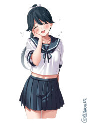Rule 34 | 1girl, alternate costume, blue hair, blush, bow, closed eyes, collarbone, commentary request, cowboy shot, cropped legs, ebifurya, flying sweatdrops, hair bow, hand up, high ponytail, highres, houshou (kancolle), kantai collection, long hair, midriff, miniskirt, one-hour drawing challenge, open mouth, pleated skirt, ponytail, raised eyebrows, ribbon, sailor collar, school uniform, serafuku, shirt, short sleeves, simple background, skirt, solo, thighs, twitter username, white background, white bow, white shirt