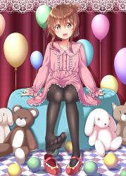 Rule 34 | 1girl, :d, arm support, balloon, black pantyhose, brown eyes, brown hair, commentary, curtains, dress, feet, folded ponytail, gurande (g-size), hair between eyes, highres, inazuma (kancolle), kantai collection, leg lift, long sleeves, looking at viewer, no shoes, open mouth, pantyhose, pink dress, shoes, single shoe, sitting, smile, soles, solo, stuffed animal, stuffed fox, stuffed pig, stuffed rabbit, stuffed toy, teddy bear, toes