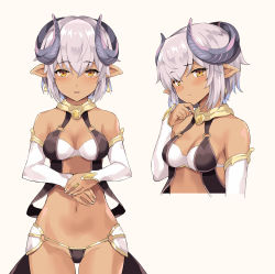 Rule 34 | 1girl, absurdres, bare shoulders, blush, breasts, brown background, brown eyes, closed mouth, curled horns, dark-skinned female, dark skin, detached sleeves, groin, hair between eyes, highres, horns, long sleeves, looking at viewer, medium breasts, multiple views, navel, original, own hands together, parted lips, pointy ears, rasahan, revealing clothes, silver hair, simple background, sleeves past wrists, white sleeves