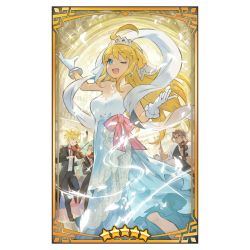 Rule 34 | 1girl, 3boys, ahoge, alternate costume, aura, bare arms, bare shoulders, blonde hair, blue eyes, breasts, cygames, dancing, dragalia lost, dress, earrings, euden, feathers, formal, gloves, indoors, instrument, jewelry, looking at viewer, luca (dragalia lost), multiple boys, necklace, nintendo, official alternate costume, official art, one eye closed, party, ranzal (dragalia lost), ribbon, saitou naoki, suit, tiara, violin, white dress, white gloves, zethia