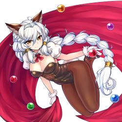 Rule 34 | 10s, 1girl, animal ears, blush, braid, breasts, brown eyes, brown pantyhose, cat ears, cat girl, chan co, cleavage, detached collar, erune, female focus, granblue fantasy, hair tubes, hairband, heles, high heels, kittysuit, large breasts, leotard, long hair, looking at viewer, nontraditional playboy bunny, pantyhose, puffy sleeves, rabbit tail, revision, simple background, single braid, smile, solo, tail, very long hair, white background, white hair