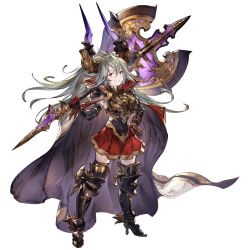 Rule 34 | 1girl, ahoge, axe, battle axe, black gloves, black thighhighs, cape, draph, full body, gloves, granblue fantasy, grey hair, hair between eyes, high heels, holding, holding weapon, horns, long hair, looking at viewer, miniskirt, official art, over shoulder, red eyes, red skirt, simple background, skirt, smile, solo, thighhighs, threo (granblue fantasy), transparent background, v-shaped eyebrows, weapon, weapon over shoulder, zettai ryouiki