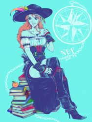 Rule 34 | 1girl, alternate costume, bare shoulders, blue theme, book, boots, compass, dress, earrings, female focus, fingerless gloves, food, fruit, full body, gloves, gun, high heel boots, high heels, holster, jewelry, nami (one piece), necklace, one piece, orange (fruit), orange hair, ring, side slit, sitting, smile, solo, thighhighs, weapon