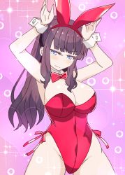 Rule 34 | 1girl, animal ears, armpits, arms up, blue eyes, blush, breasts, brown hair, cleavage, fake animal ears, highres, large breasts, long hair, new game!, pixiv (11393794), playboy bunny, rabbit ears, solo, takimoto hifumi
