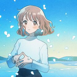 Rule 34 | 1girl, black skirt, blue sky, blush, brown eyes, brown hair, commentary request, dot nose, highres, light smile, long sleeves, looking at viewer, nahara saki, ocean, original, outdoors, own hands together, petals, short hair, skirt, sky, solo, steepled fingers, sweater, upper body, wavy hair, white sweater, wind