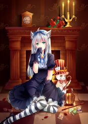 Rule 34 | 1girl, :q, absurdres, animal ears, ankle ribbon, bell, black dress, black gloves, black pantyhose, blue eyes, bow, bowtie, bracelet, buttons, candle, candlestand, cane, cape, card, cat ears, cat girl, cathy (yu-gi-oh!), checkered floor, clock, dress, duel monster, fire, fireplace, flower, full body, glasses, gloves, gothic lolita, green eyes, gyaza, hair ribbon, hand on own thigh, hand to own mouth, hat, heart, heterochromia, highres, holding, holding hair, hourglass, indoors, jewelry, jingle bell, lace, lace-trimmed dress, lace-trimmed gloves, lace trim, leg ribbon, lock cat, lolita fashion, long hair, looking at viewer, madolche mewfeuille, mary janes, neck ribbon, on floor, pantyhose, petals, photoshop (medium), playing card, print pantyhose, puffy short sleeves, puffy sleeves, red-framed eyewear, red flower, red rose, reflection, rescue cat, ribbon, rinyan lightsworn rogue, rose, shadow, shoes, short sleeves, sitting, solo, spade (shape), striped clothes, striped pantyhose, stuffed animal, stuffed cat, stuffed toy, tongue, tongue out, topknot, unworn eyewear, vertical stripes, white hair, white pantyhose, yellow eyes, yokozuwari, yu-gi-oh!, yu-gi-oh! zexal