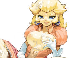 Rule 34 | 1girl, blonde hair, blue eyes, blush, breasts, cum, cum on body, cum on breasts, cum on upper body, dress, earrings, elbow gloves, facial, gloves, jewelry, koki (ryoushikiha), large breasts, long hair, mario (series), nintendo, nipples, open clothes, open shirt, pink dress, princess peach, shirt, smile, solo, topless
