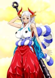 Rule 34 | 1girl, breasts, holding, holding weapon, horns, lat, nel-zel formula, one piece, ponytail, solo, tagme, weapon, yamato (one piece)