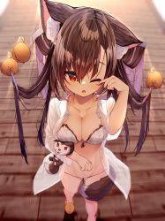 Rule 34 | 1girl, animal, animal ear fluff, animal ears, animal slippers, azur lane, bird, blurry, blurry background, blush, bra, breasts, brown footwear, brown hair, chick, cleavage, collarbone, collared shirt, comb, commentary request, depth of field, fang, full body, gluteal fold, groin, hair between eyes, hand up, highres, holding, indoors, long hair, long sleeves, manjuu (azur lane), medium breasts, hugging object, open clothes, open mouth, open shirt, panties, polka dot, polka dot bra, polka dot panties, red eyes, rubbing eyes, semimarusemi, shigure (azur lane), shirt, slippers, solo, standing, stuffed animal, stuffed toy, stuffed wolf, tail, underwear, very long hair, white bra, white panties, white shirt, wolf ears, wolf girl, wolf tail, wooden floor