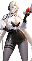 Rule 34 | 1girl, absurdres, azur lane, belt, black belt, black bra, black choker, black gloves, black skirt, blonde hair, blue eyes, bra, breasts, bridal garter, choker, cleavage, closed mouth, collarbone, collared shirt, commentary, cowboy shot, cuffs, elbow gloves, gloves, grey pantyhose, hair between eyes, hand on own hip, handcuffs, headset, high-waist pantyhose, high-waist skirt, highres, holding, holding megaphone, impossible hair, irkawaza, kronshtadt (azur lane), kronshtadt (begin the rush!) (azur lane), large breasts, long hair, long sleeves, looking at viewer, megaphone, miniskirt, mole, mole on breast, official alternate costume, one eye closed, open clothes, open shirt, pantyhose, parted bangs, pencil skirt, shirt, sidelocks, simple background, skindentation, skirt, solo, standing, stomach, thigh strap, underwear, very long hair, white background, white shirt