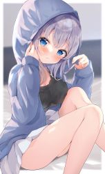 Rule 34 | 1girl, amedamacon, bed sheet, black camisole, blue eyes, blue jacket, blurry, blurry background, blush, breasts, camisole, cleavage, closed mouth, commentary request, depth of field, feet out of frame, grey hair, hair between eyes, hands up, head tilt, highres, hood, hood up, hooded jacket, jacket, knees up, large breasts, long hair, long sleeves, looking at viewer, medium breasts, open clothes, open jacket, original, pleated skirt, sitting, skirt, sleeves past wrists, solo, white skirt
