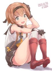 Rule 34 | 10s, 1girl, brown hair, coz (commit), dated, gloves, hairband, hand on own head, hand on own knee, kantai collection, legs together, long hair, looking at viewer, open mouth, pleated skirt, school uniform, serafuku, simple background, sitting, skirt, smile, solo, teruzuki (kancolle), twitter username, white legwear