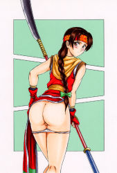 Rule 34 | 1girl, ass, back, bent over, blush, braid, braided ponytail, brown eyes, brown hair, cleft of venus, clothes lift, dress, dress lift, fingerless gloves, from behind, glaive (polearm), gloves, halberd, headband, kitamura (bamboo), kneepits, long hair, looking back, panties, panty pull, pelvic curtain, polearm, ponytail, pussy, red dress, seong mi-na, single braid, smile, solo, soul calibur, soulcalibur i, standing, thighs, uncensored, underwear, weapon, white panties