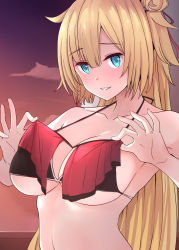 Rule 34 | 1girl, akai haato, akai haato (hololive summer 2019), aqua eyes, bikini, blonde hair, breasts, h2o (ddks2923), hair ribbon, highres, hololive, large breasts, looking at viewer, one side up, parted lips, red bikini, red ribbon, ribbon, smile, solo, swimsuit, virtual youtuber