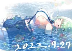 Rule 34 | 1girl, absurdres, blue skirt, breasts, closed eyes, closed mouth, dated, detached sleeves, frilled skirt, frills, frog hair ornament, green hair, hair ornament, hair tubes, highres, huge breasts, kochiya sanae, long hair, navel, partially submerged, shirt, sideboob, skirt, solo, tomo (uguisu-tei), touhou, white shirt, wide sleeves