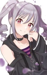 Rule 34 | 1girl, black choker, black jacket, blurry, blurry foreground, blush, choker, collarbone, commentary request, cosplay, drill hair, grey hair, hand up, highres, hood, hooded jacket, idolmaster, idolmaster cinderella girls, jacket, kamizurucosmo, kanzaki ranko, long hair, long sleeves, looking at viewer, petals, purple shirt, red eyes, shirt, sidelocks, smile, solo, sparkle, striped clothes, striped shirt, tanaka mamimi (cosplay), twintails, upper body, v-shaped eyebrows, white background, zipper pull tab