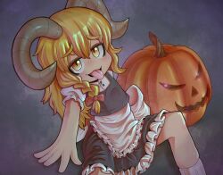 Rule 34 | 1boy, apron, black skirt, black vest, blonde hair, blush, bow, braid, brown horns, buttons, commentary request, cookie (touhou), drddrddo, feet out of frame, frilled apron, frilled skirt, frills, genderswap, genderswap (ftm), hair between eyes, hair bow, horns, jack-o&#039;-lantern, kirisame marisa, long bangs, long hair, looking at viewer, male focus, no headwear, open mouth, puffy short sleeves, puffy sleeves, pumpkin, rei (cookie), sheep horns, shirt, short sleeves, side braid, single braid, sitting, skirt, skirt set, smile, solo, tongue, tongue out, touhou, trap, vest, waist apron, white apron, white shirt, yellow eyes